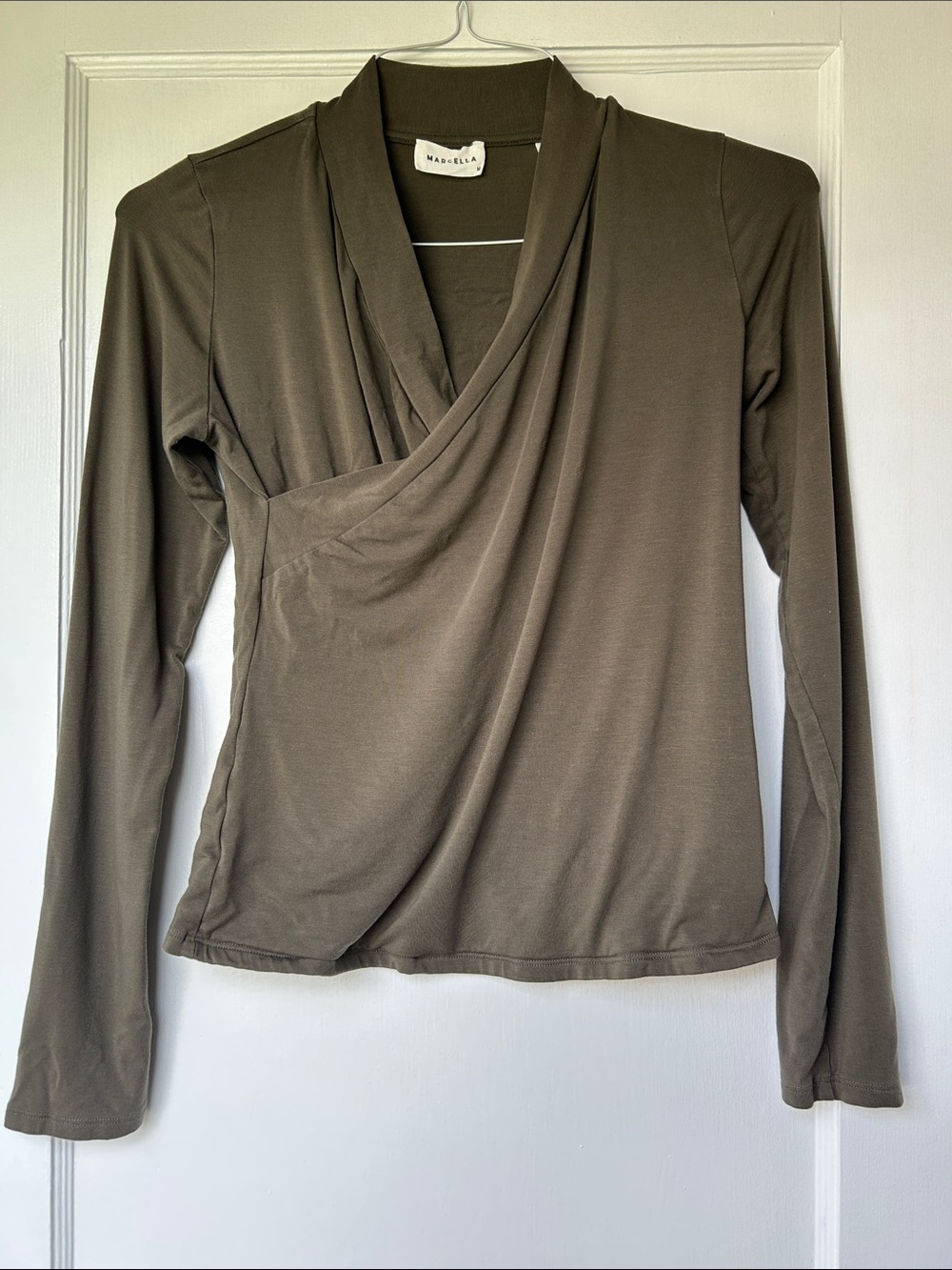 MARCELLA Olive Wrap-Style Long-Sleeve Top Size Medium